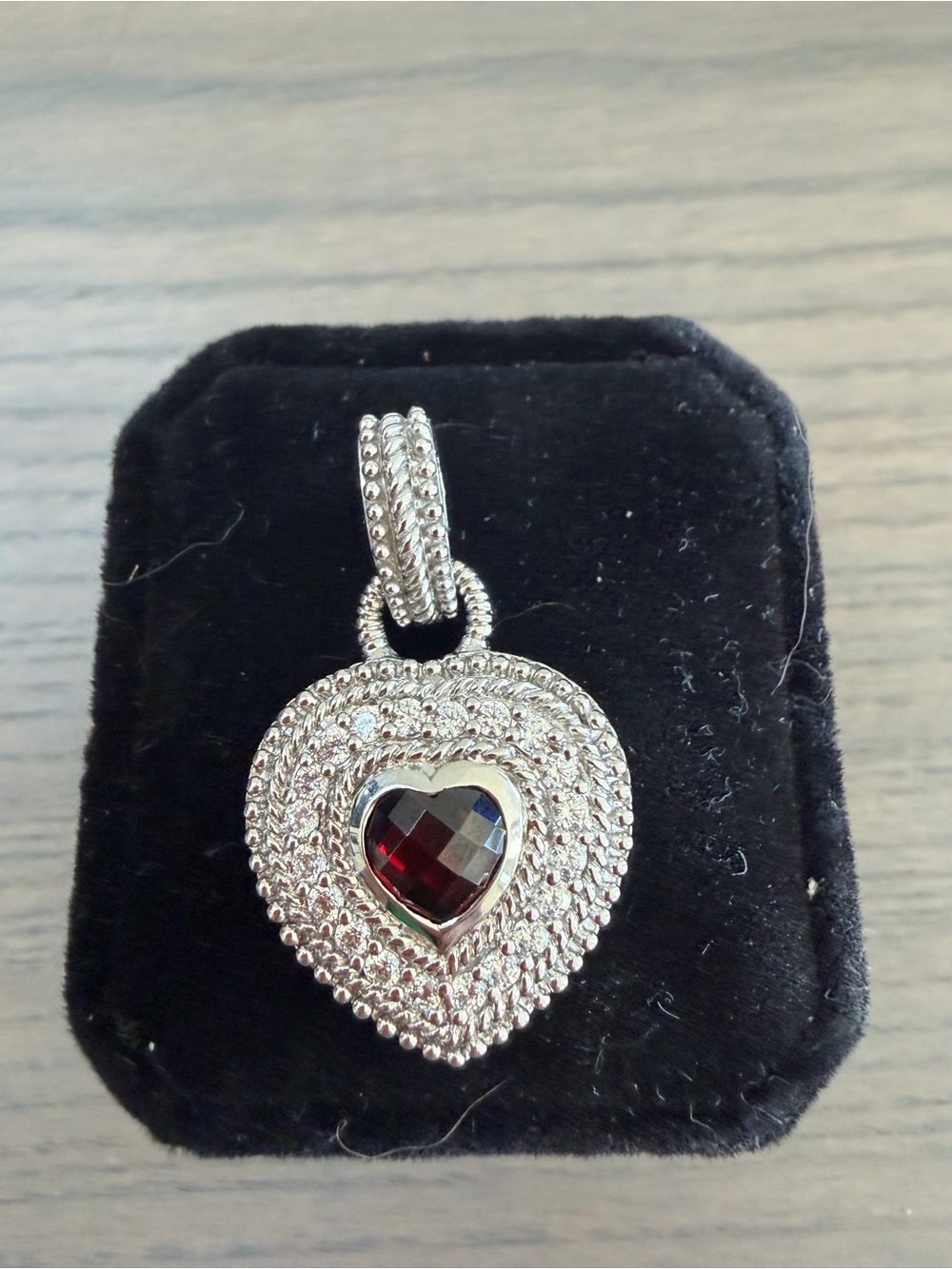 Judith Ripka Sterling Silver Heart Pendant Garnet Center and Diamonique Accents